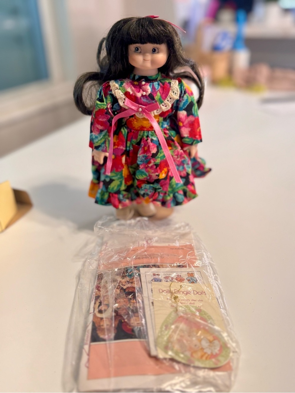 Grovel Vintage Floral-Print Girl Doll in Pink-Accent Dress- 1995